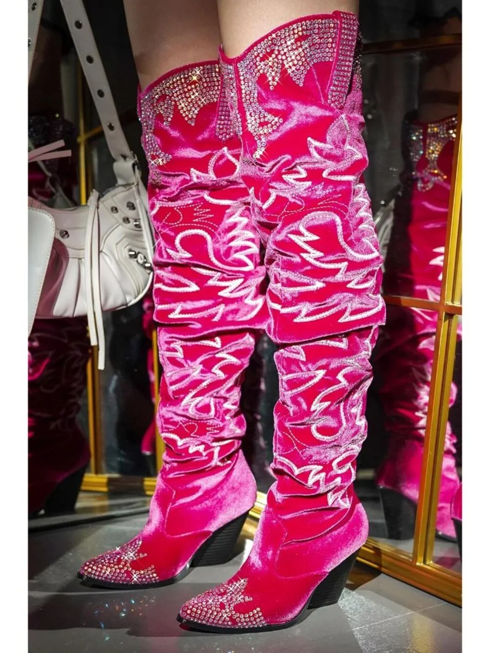 Women's Fuchsia Rhinestone Embroidered Thigh High Slouchy Wide Calf Cowgirl Boot